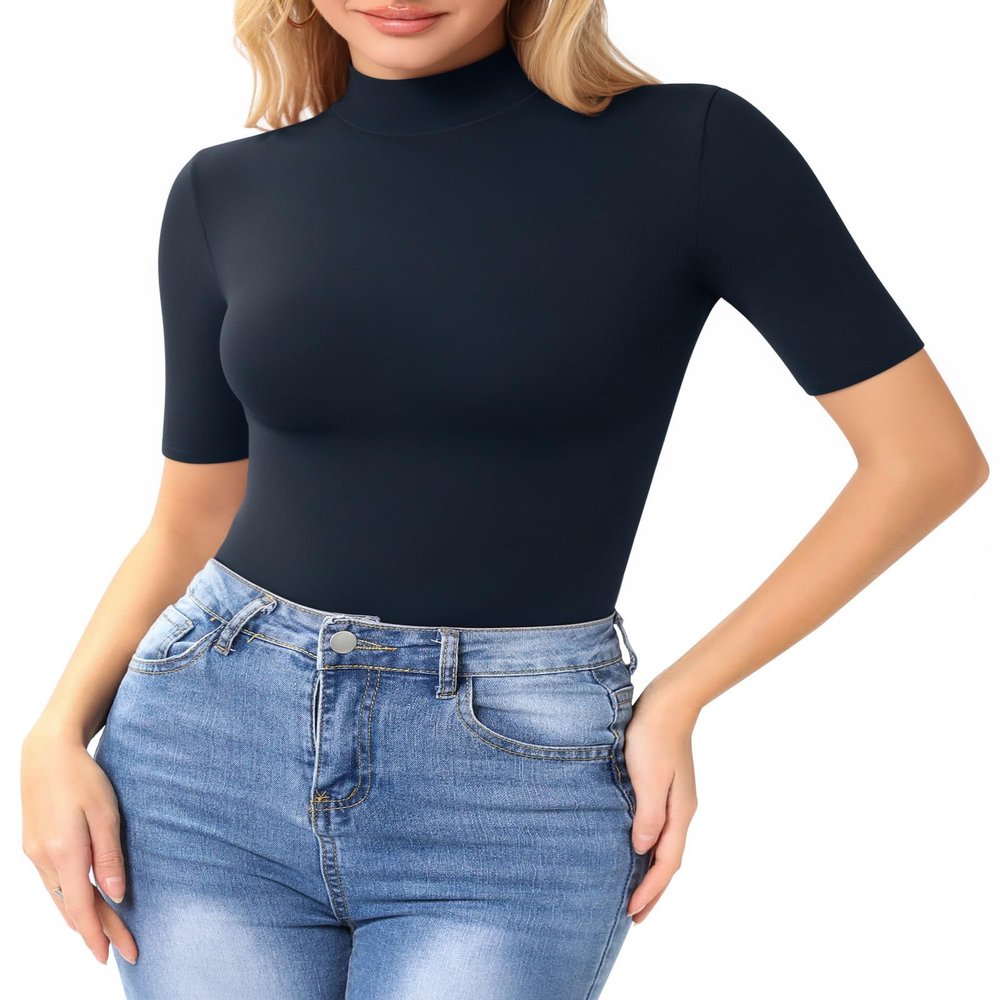 MANGOPOP Women's Mock Turtle Neck Slim Fit Half Elbow Short 3/4 Sleeve T Shirts Tight Tops Tee Deep Blue