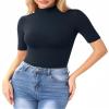 MANGOPOP Women's Mock Turtle Neck Slim Fit Half Elbow Short 3/4 Sleeve T Shirts Tight Tops Tee Deep Blue view 1