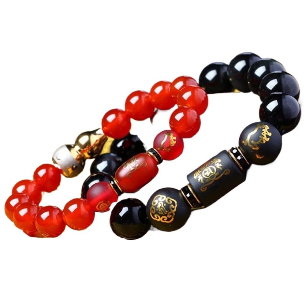 NuALLy Mens Bracelet,Tiger Eye Bracelet, Feng Shui Red Agate Wealth Bracelet Obsidian 12 Zodiac Animal Charm Bracelet Reiki Amulet Lucky Ward Off Evil Bracelet,dog,black 14mm (Color : Dog_Red 10mm)