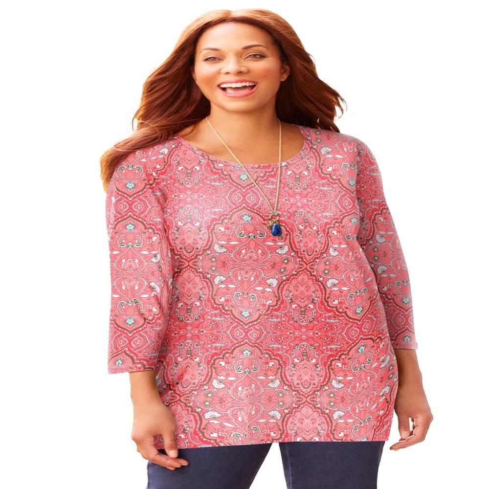 Catherines Women's Plus Size Suprema Feather Together Tee - 2X, Sweet Coral Medallion