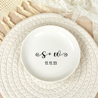 Engagement Ring Holder, Bride to Be Ceramic Ring Tray, Wedding Jewelry Tray, Couple Initial Jewelry Dish, Just Married Gifts - 4"