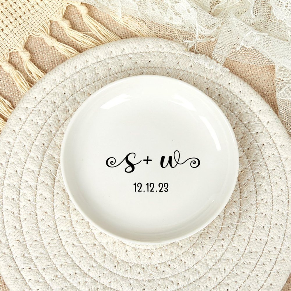 Engagement Ring Holder, Bride to Be Ceramic Ring Tray, Wedding Jewelry Tray, Couple Initial Jewelry Dish, Just Married Gifts - 4"
