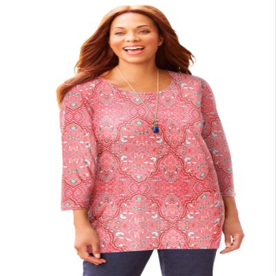 Catherines Women's Plus Size Suprema Feather Together Tee - 1X, Sweet Coral Medallion