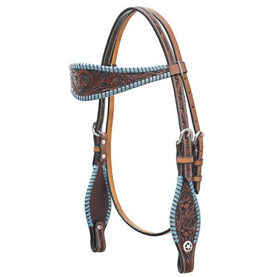 BAR H EQUINE Western Horse Genuine Leather Floral Design Buckstitch Headstall Brown