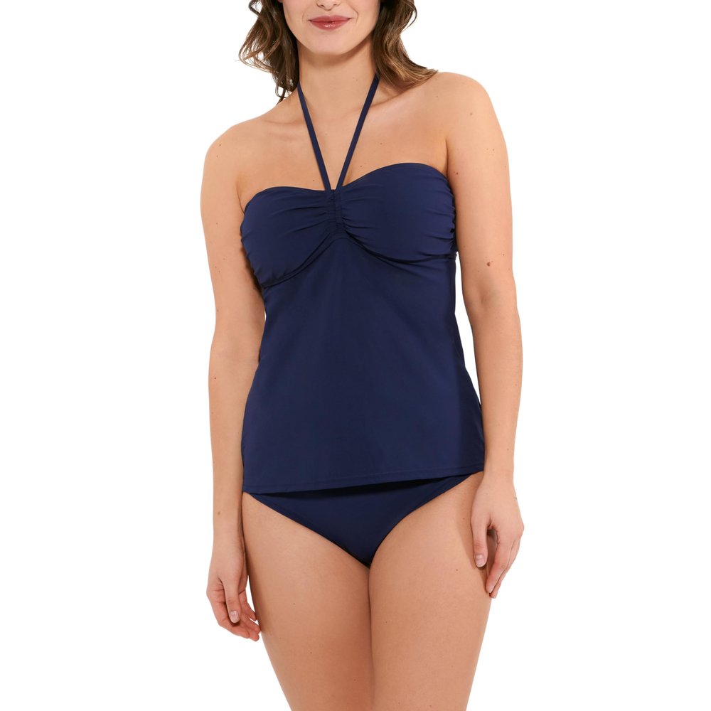 Christina Women's Navy Shirred Halter Bandeau Swim Essential Tankini Top with Molded Cup, Bust Enhancer, Slimming Silhouette