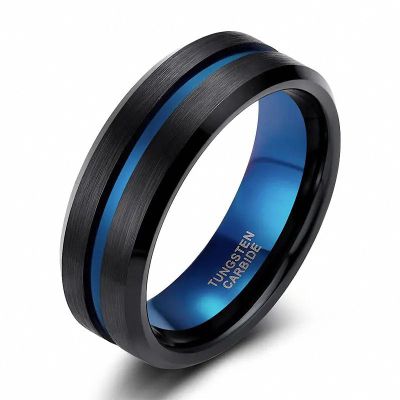 8 mm Men Black Tungsten Carbide Ring Thin Blue Line Wedding Band Vintage Men Jewelry Blue B 6