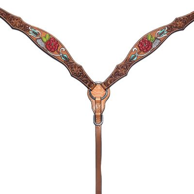 BAR H EQUINE Western Horse Genuine Leather Floral Design Hand Painted Breast Collar Tan