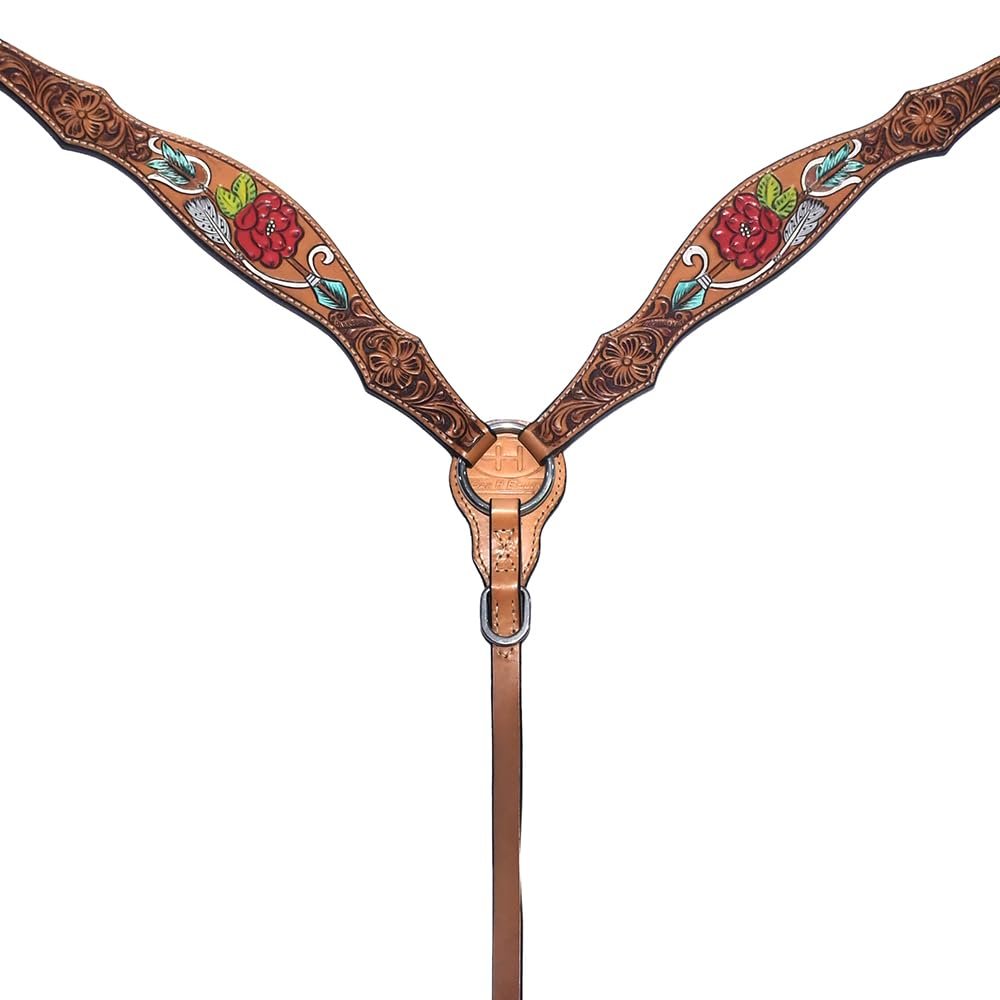 BAR H EQUINE Western Horse Genuine Leather Floral Design Hand Painted Breast Collar Tan