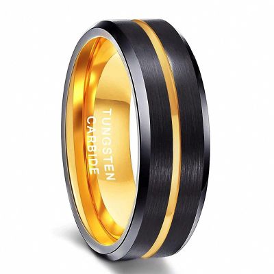 8 mm Men Black Tungsten Carbide Ring Thin Blue Line Wedding Band Vintage Men Jewelry Black Gold 6