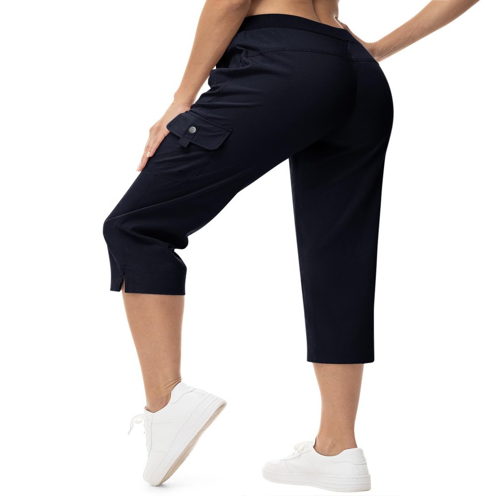 TBMPOY Women's Capri Pants Lightweight Quick Dry Hiking Cargo Pockets Casual Water Resistant Travel Cropped Cotton Navy Blue 2XL