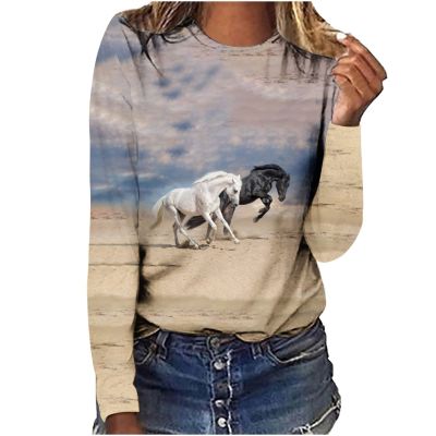 Horses T Shirt Women Funny Graphic Tees Long Sleeve Crew Neck Shirts Casual Loose Fit Blouses Horse Lover T-Shirt Gift