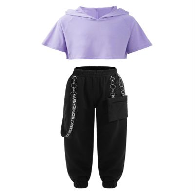 Fldy Kid Girls 2 Piece Outfits Girls Crop Tops with Sweatpants Joggers Set Jazz Hip Hop Dance Clothes Set A 13-14 Years