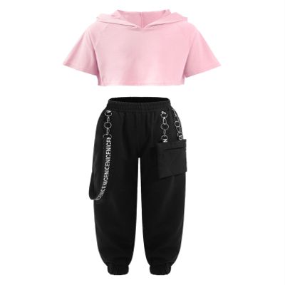 Fldy Kid Girls 2 Piece Outfits Girls Crop Tops with Sweatpants Joggers Set Jazz Hip Hop Dance Clothes Set B 11-12 Years