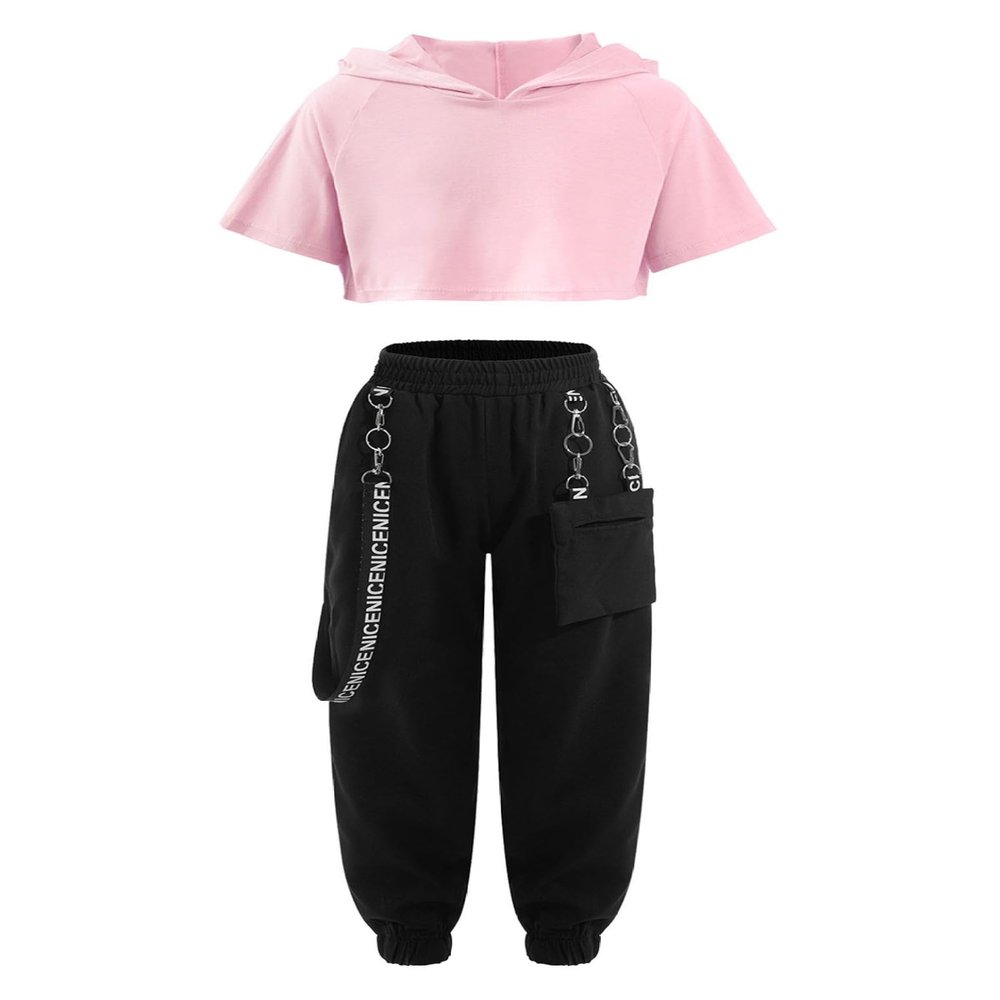 Fldy Kid Girls 2 Piece Outfits Girls Crop Tops with Sweatpants Joggers Set Jazz Hip Hop Dance Clothes Set B 11-12 Years