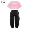 Fldy Kid Girls 2 Piece Outfits Girls Crop Tops with Sweatpants Joggers Set Jazz Hip Hop Dance Clothes Set B 11-12 Years view 2