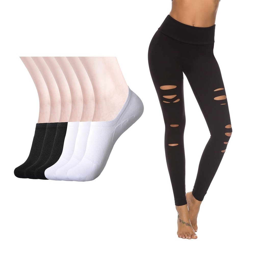 DIBAOLONG Womens High Waist Yoga Pants Cutout Ripped Tummy Control & No Show Socks Non Slip Flat Boat Line Low Cut Socks