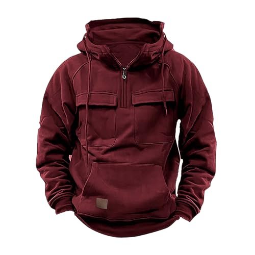 Tactical Sweatshirts for Men: 1/4 Zip Hoodies, Long Sleeve Winter Cargo sports Jacket - Wine