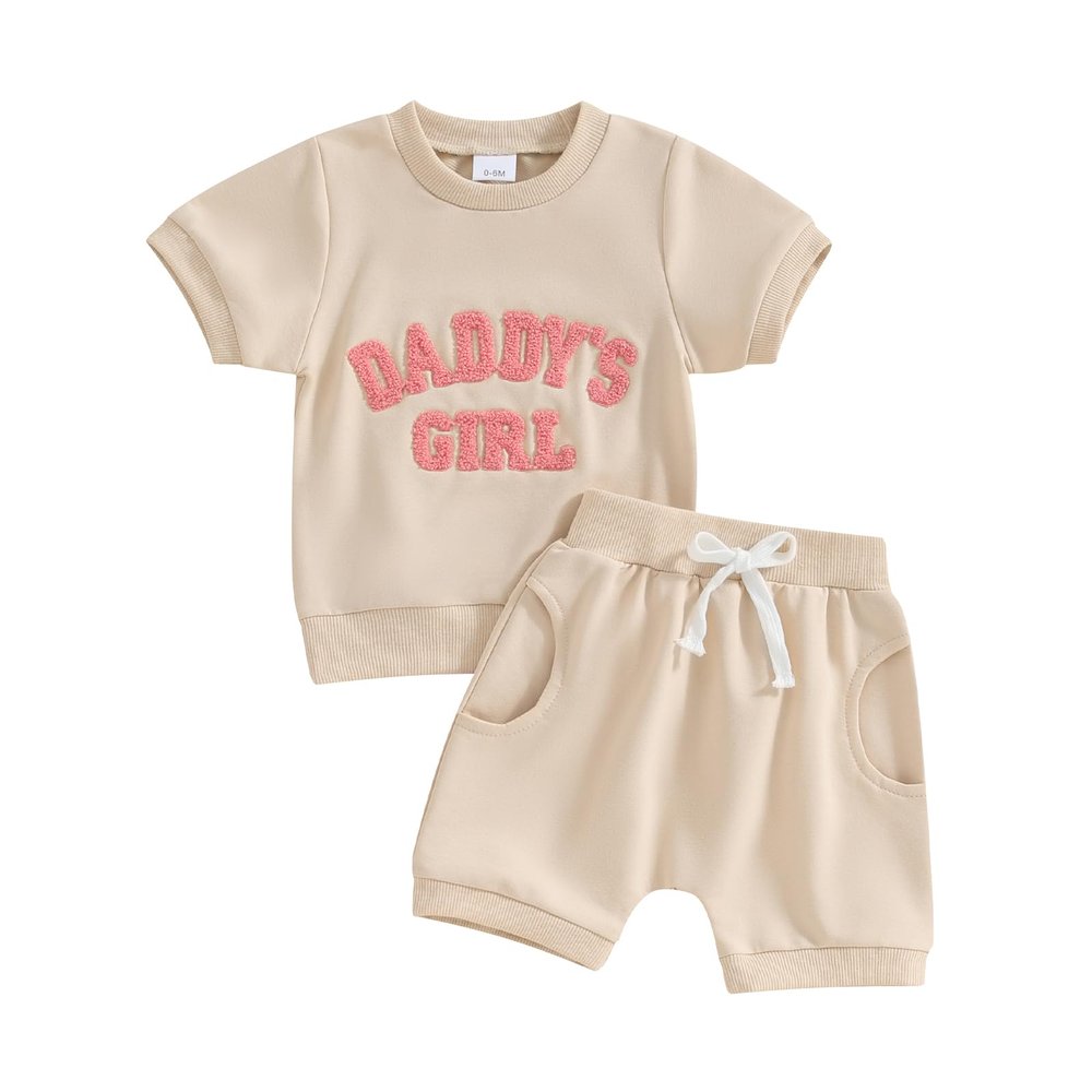 FIOMVA Toddler Baby Girl Summer Clothes Outfits 3 6 9 12 18 24Months 2t 3t Daddys Girl Short Sleeve Top Shirt+Short Pants Set (Cream Daddy's Girl, 12-18 Months)