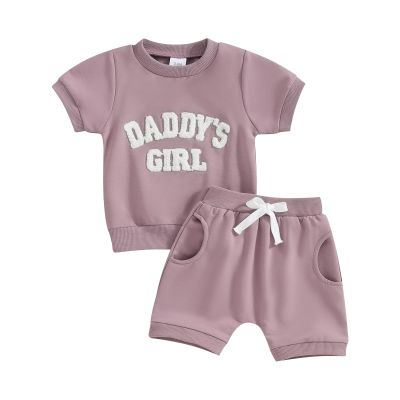 FIOMVA Toddler Baby Girl Summer Clothes Outfits 3 6 9 12 18 24Months 2t 3t Daddys Girl Short Sleeve Top Shirt+Short Pants Set (Purple Daddy's Girl, 0-6 Months)