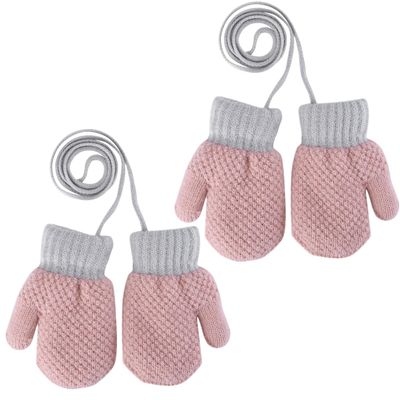 2 PCS Kids Fleece Lined Knit Mittens Toddler Warm Winter Gloves With String Full Finger Gloves Thermal Snow Ski Gloves for Age 2-4Y
