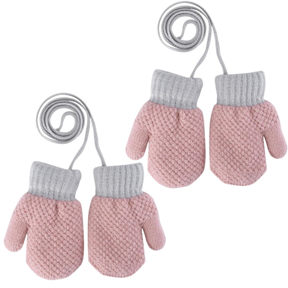 2 PCS Kids Fleece Lined Knit Mittens Toddler Warm Winter Gloves With String Full Finger Gloves Thermal Snow Ski Gloves for Age 2-4Y