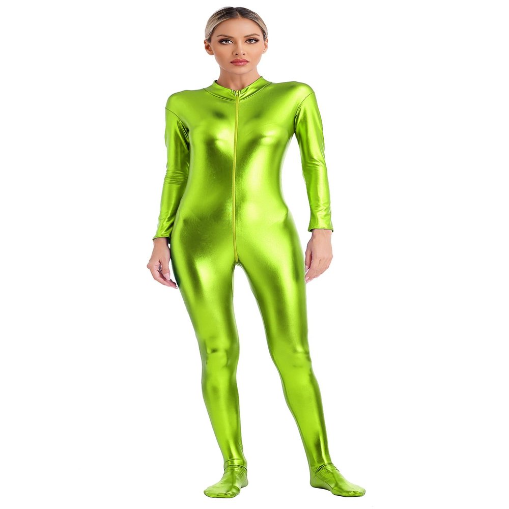 YiZYiF Womens Metallic Catsuit Bodysuit Shiny One Piece Jumpsuit Long Sleeve Front Zipper Bodystocking Grass Green Large