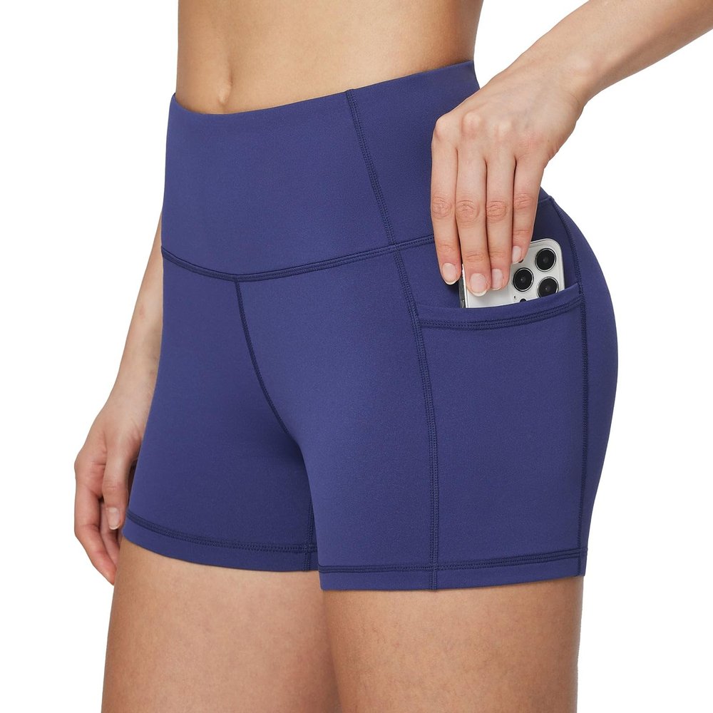 baleaf Gym Workout Shorts Women 3" Biker Yoga Spandex Running Volleyball Tummy Control Compression Short with Pockets Navy Blue XL