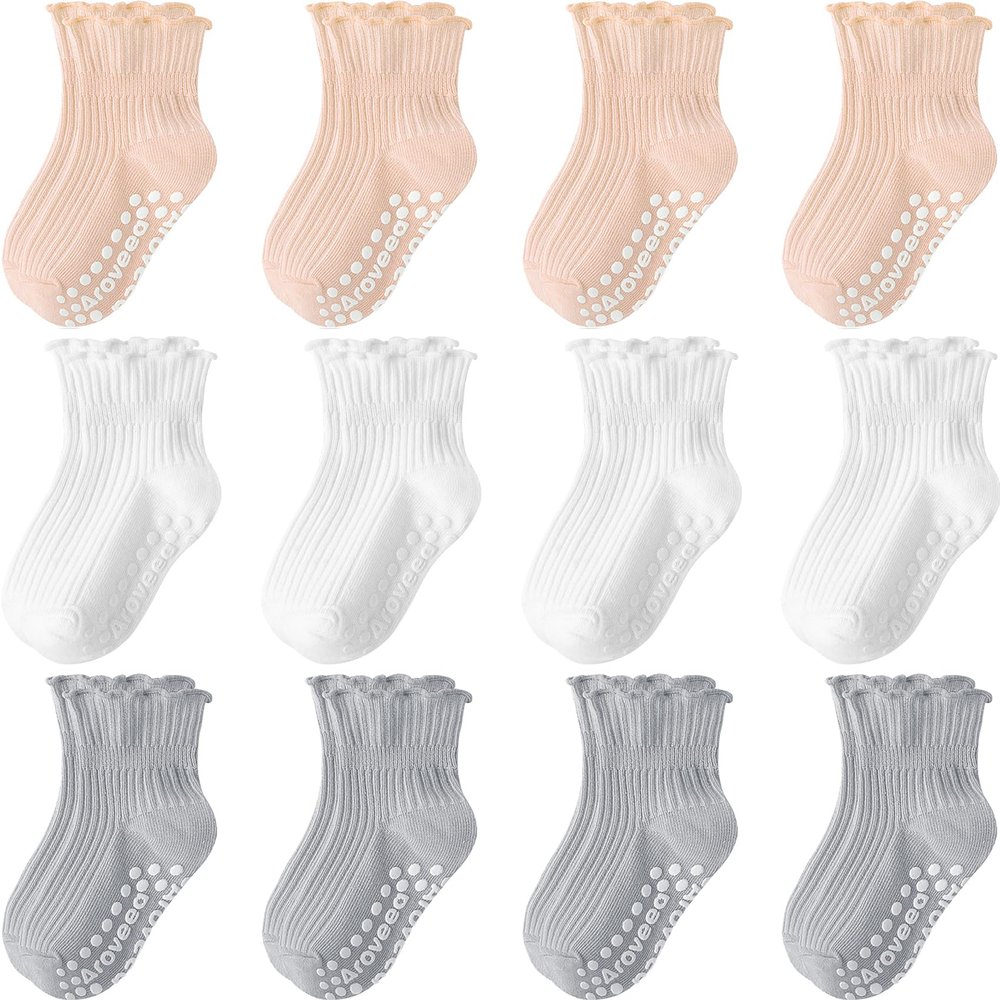 Aroveea Baby Toddler Socks Grip Non Slip Boys Girls Cotton 12 Pack for 5-7 Years Kids Ankle Cute Socks 6M-7Years