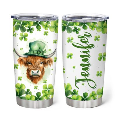 Hyturtle Personalized Gifts Highland Cow Lover - With Lucky Four Leaf Clover Custom Name Coffee Tumbler Cup Stainless Steel 20oz, Animal Lover Gifts For Women, Girl On Birthday, St Patricks Day