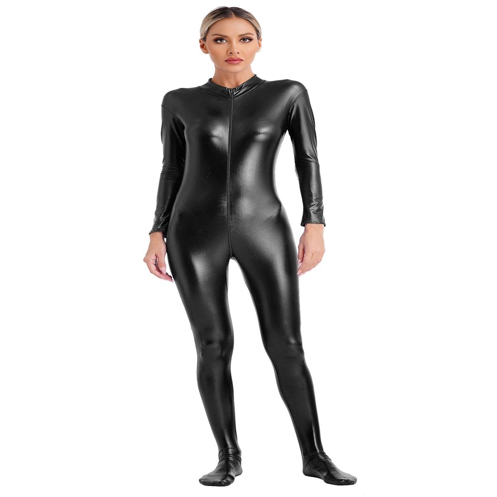 YiZYiF Womens Metallic Catsuit Bodysuit Shiny One Piece Jumpsuit Long Sleeve Front Zipper Bodystocking Black Medium
