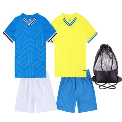 Hiheart Boys 2 Pack Soccer Jersey Set Team Sports T-shirt and Shorts with Mesh Ball Bag Yellow Blue 5-6