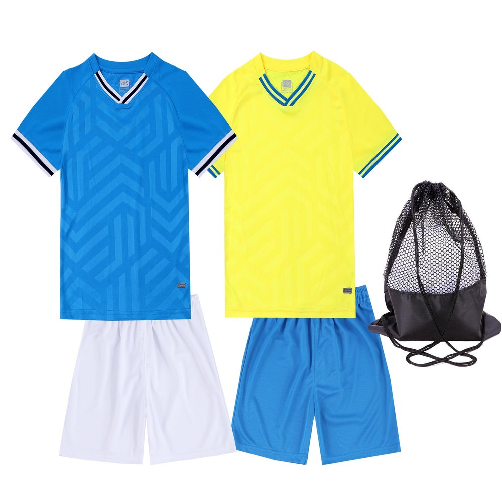 Hiheart Boys 2 Pack Soccer Jersey Set Team Sports T-shirt and Shorts with Mesh Ball Bag Yellow Blue 5-6