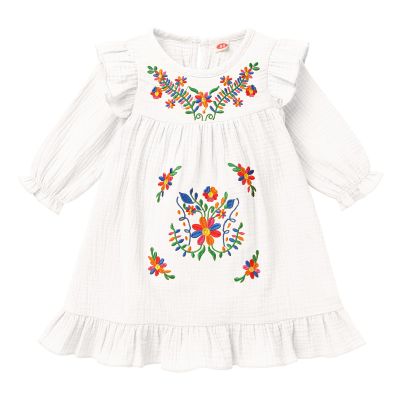 Girls Mexican Dress Toddler Baby Girls Floral Colorful Embroidery Dresses Traditional Ethnic Wear Cinco De Mayo Fiesta Casual Fall Winter Clothes A Line Ruffle Dress Long Sleeve White 12-18 Months