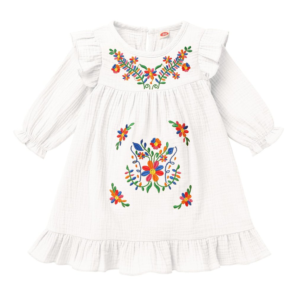 Girls Mexican Dress Toddler Baby Girls Floral Colorful Embroidery Dresses Traditional Ethnic Wear Cinco De Mayo Fiesta Casual Fall Winter Clothes A Line Ruffle Dress Long Sleeve White 12-18 Months