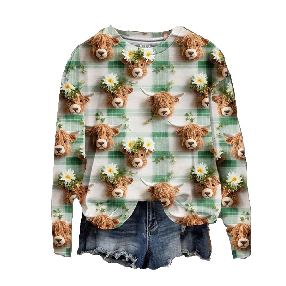 3D Printed Highland Cow Sweatshirt Highland Cow Shirt Cowgirl Shirts For Women Highland Cow Hoodie Plus Size Sweatshirt For Women St. Patrick'S Day T-Shirt For Women Lucky