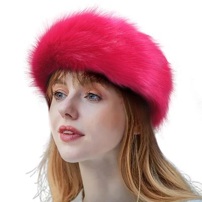 homeemoh Faux Fur Headband for Cold Weather, Fluffy Winter Headband Earwarmer Earmuff for Women (Rose Red)