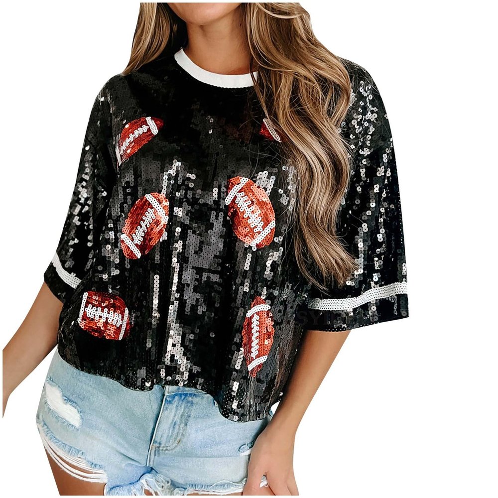 Women's Sequin Rugby Print T Shirt Oversized Loose Sparkly Shirt Short Sleeve Glitter Party Tee Tops Crew Neck Blouse Black