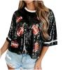 Women's Sequin Rugby Print T Shirt Oversized Loose Sparkly Shirt Short Sleeve Glitter Party Tee Tops Crew Neck Blouse Black view 1