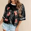 Women's Sequin Rugby Print T Shirt Oversized Loose Sparkly Shirt Short Sleeve Glitter Party Tee Tops Crew Neck Blouse Black view 2