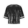 Women's Sequin Rugby Print T Shirt Oversized Loose Sparkly Shirt Short Sleeve Glitter Party Tee Tops Crew Neck Blouse Black view 4