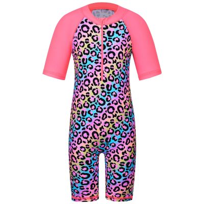 Girls Swimsuit UPF 50+ UV One Piece Swimwear Zipper Rashguard Bathing Suit S376_RainbowLeopard_6A