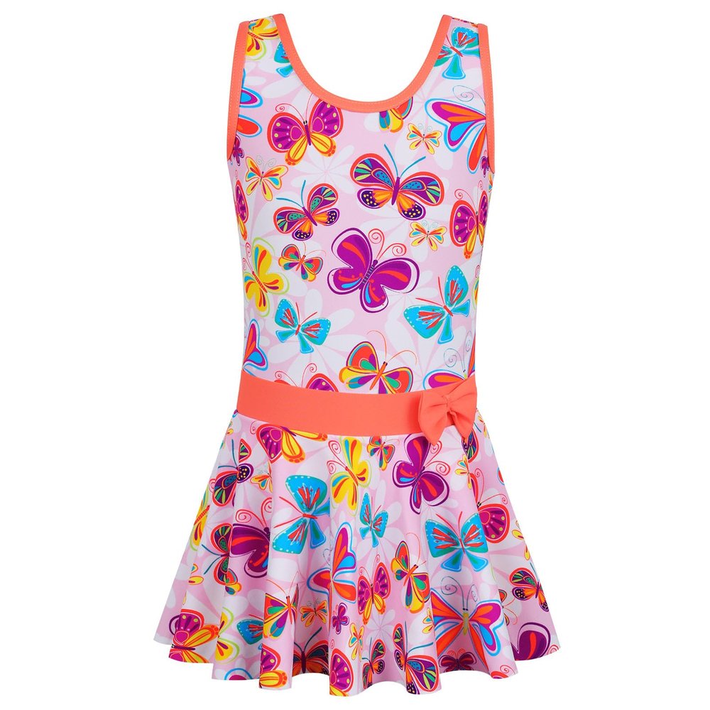 Girls Swimsuit One Piece UPF 50+ Floral Skirted Bathing Suit Modest Beach Swim Dress S430_OrangeButterfly_140/146