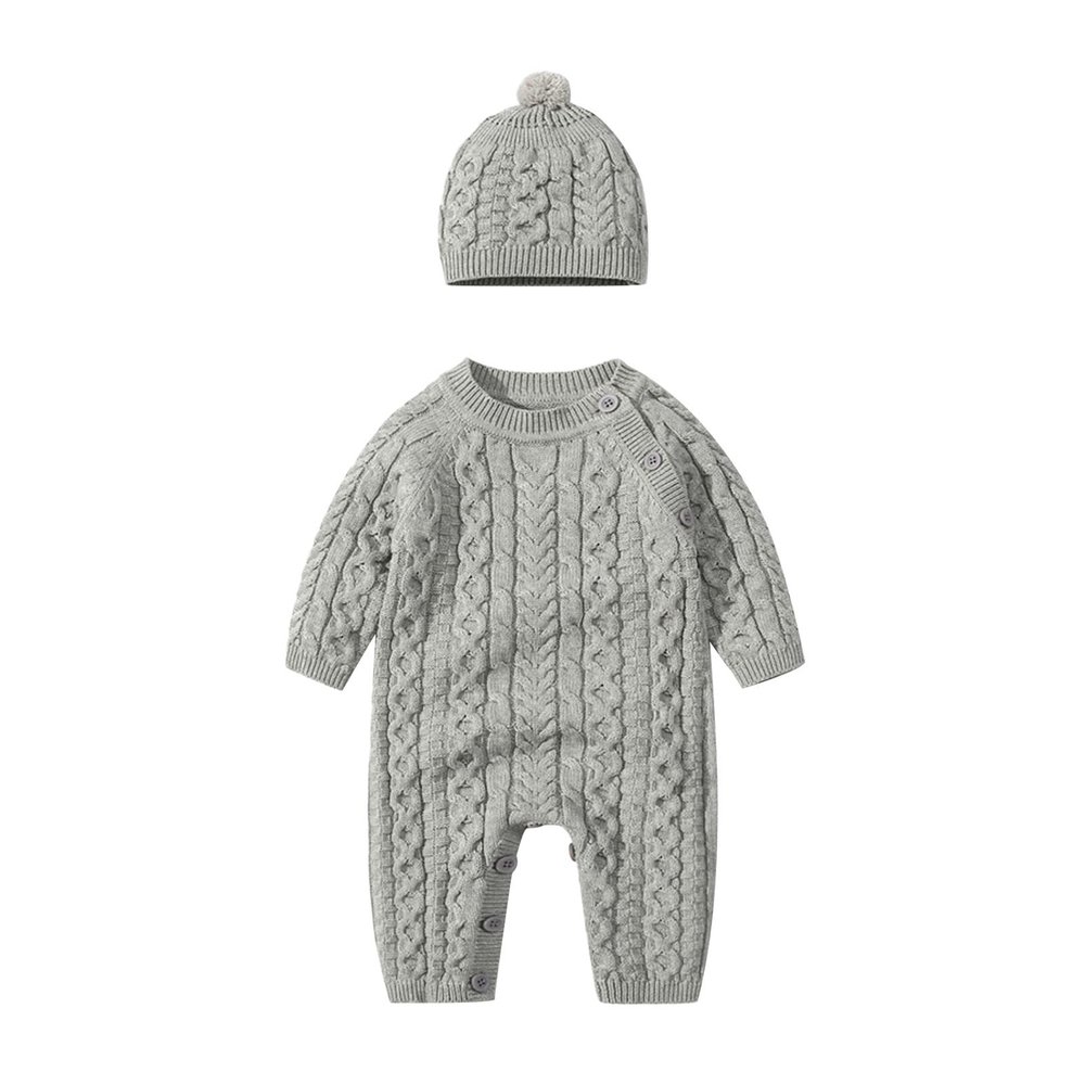 Newborn Toddler Baby Girls Boys Solid Spring Winter Long Sleeve Button Knit Sweater Romper Jumpsuit Hat Clothes 24 Month Boy Jacket (Grey, 3-6 Months)
