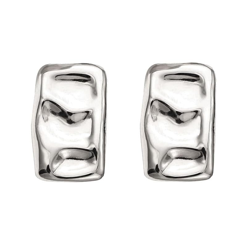 Trendy Geometric Rectangle Stud Earrings Gold Silver Irregular Hammered Chunky Square Earrings Statement Earrings for Women(Square Silver Clip-on)