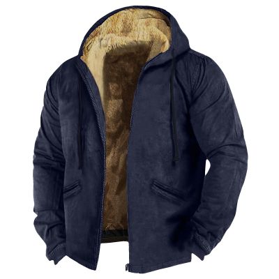 Mens Fuzzy Sherpa Jacket Long Sleeve Fleece Zip Up Coat Winter Warm Puffer Jacket Windbreaker Varsity Coat Hooded2-Dark Blue,4X-Large