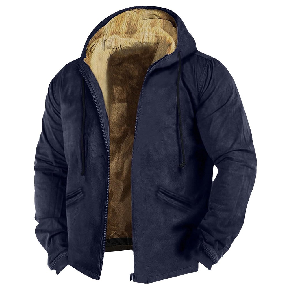 Mens Fuzzy Sherpa Jacket Long Sleeve Fleece Zip Up Coat Winter Warm Puffer Jacket Windbreaker Varsity Coat Hooded2-Dark Blue,4X-Large