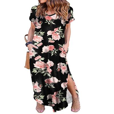 Arolina Women Summer Maxi Dress Short Sleeve V Neck Casual Loose Long Split Dresses Beach Vacation Sundress with Pockets