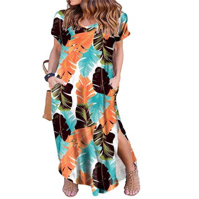 Arolina Women Summer Maxi Dress Short Sleeve V Neck Casual Loose Long Split Dresses Beach Vacation Sundress with Pockets