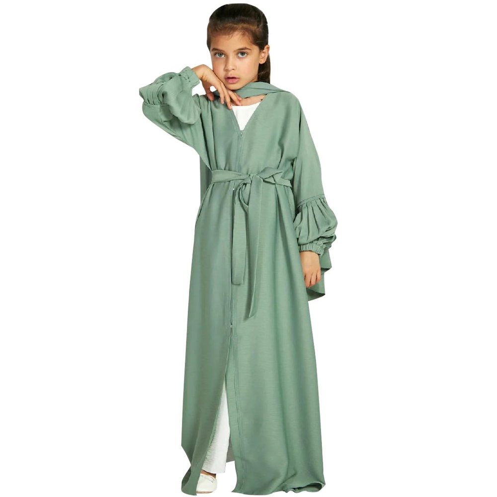 Abaya For Kids With Hijab Muslim Clothes For Girls Open Front Cardigan Modest Dress Middle East Arabian Islamic Long Robe Dress for Kids Church Eid Ramadan Prayer Dress Sage Green B 2-3 Years