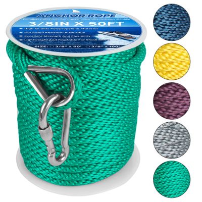 Anchor Rope 50FT x 3/8in,Premium Solid MFP Braided Anchor Ropes Anchor Line with Stainless Steel Thimble & Snap Hook,Boat Ropes Marine Rope for Anchors and Boats (Teal)